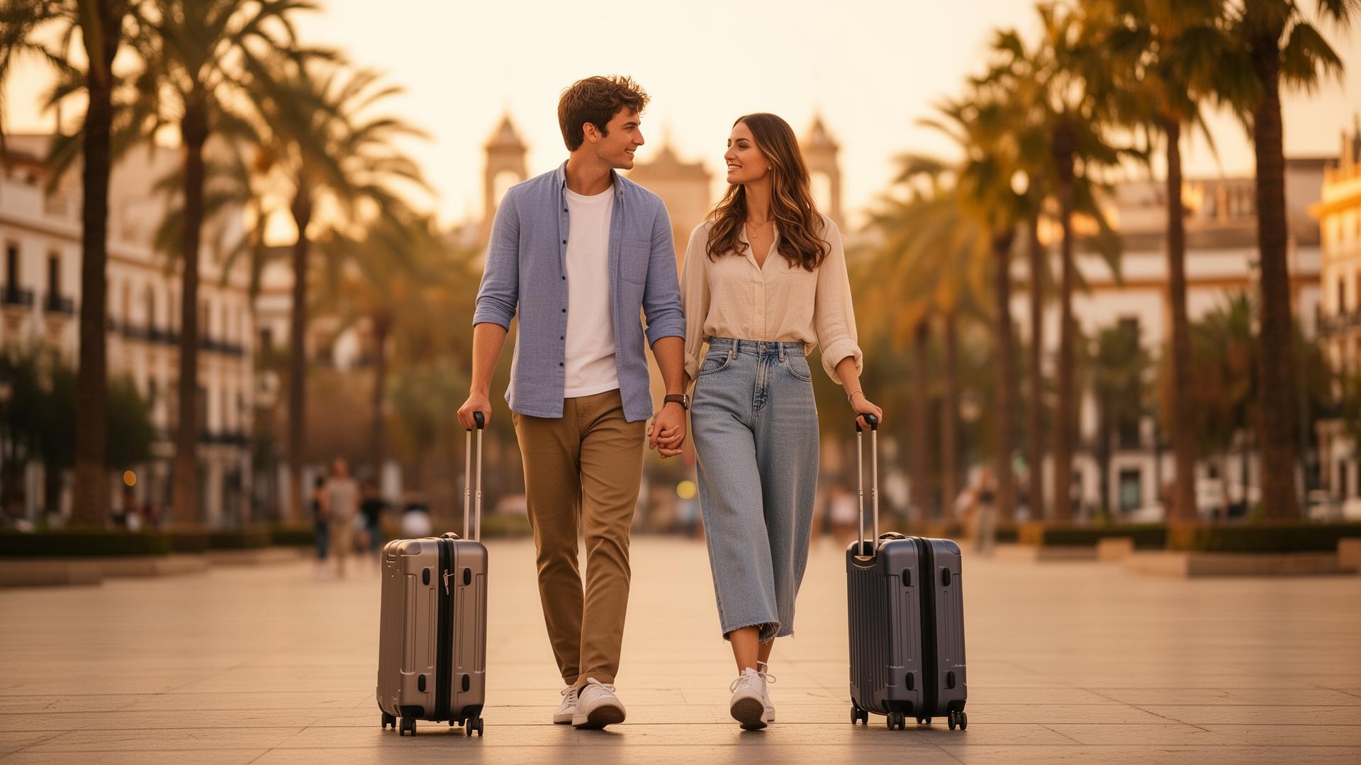 Young couple arriving in Málaga at golden hour with carry-on luggage, walking through a palm-lined Andalusian plaza — Casa Ivy Group boutique stays