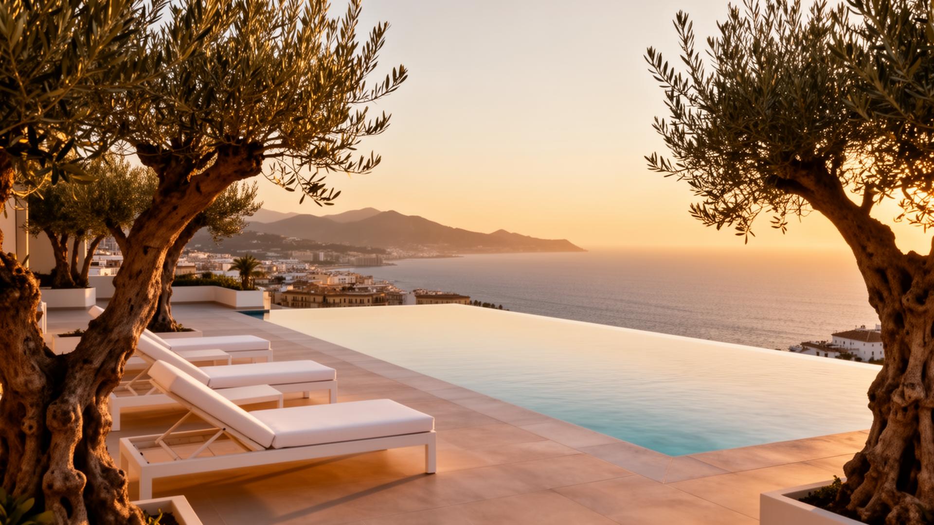 Terraza al atardecer con vistas al Mediterráneo en Málaga