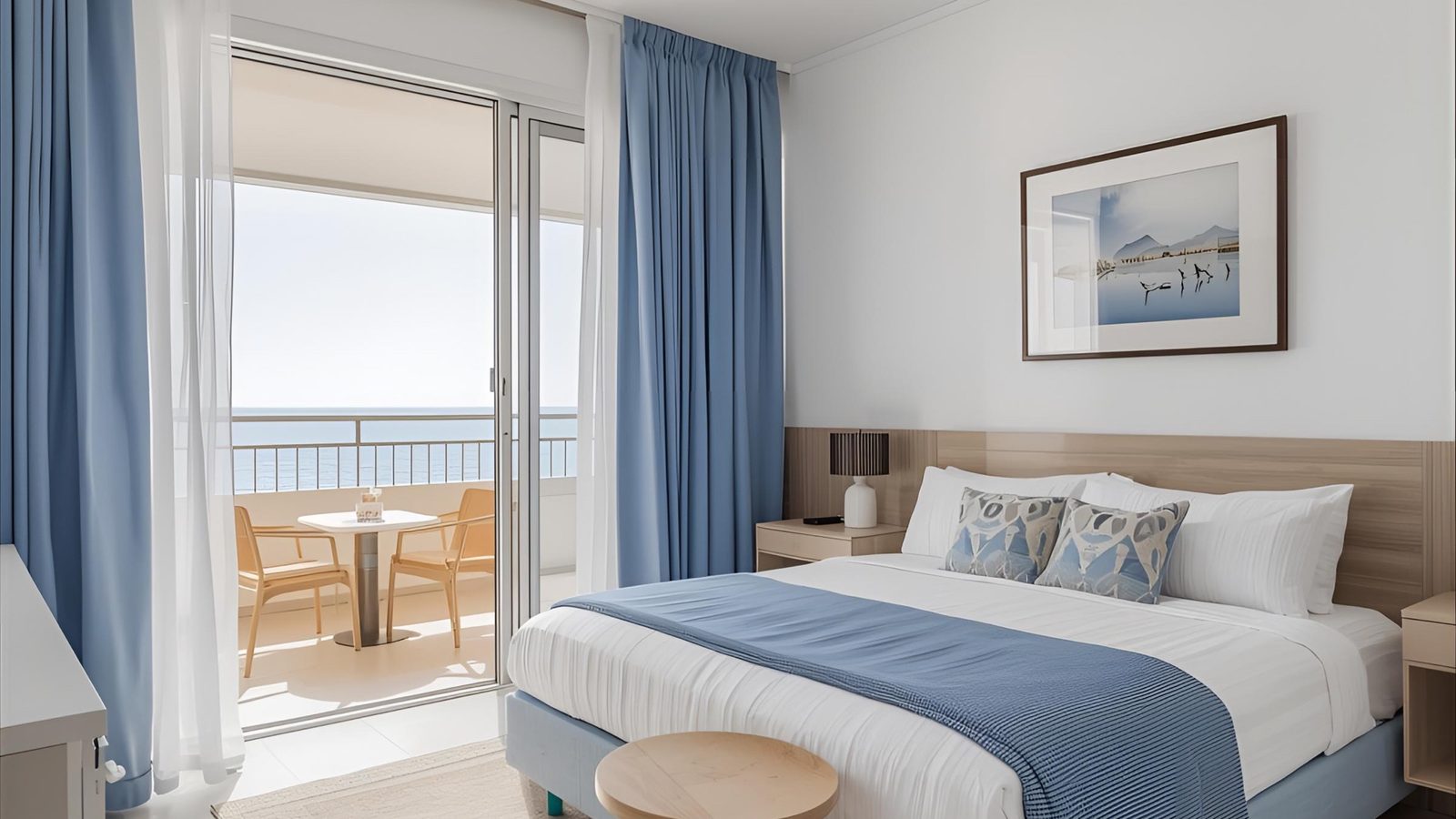 Luminoso dormitorio de un apartamento en Málaga con balcón con vistas al mar, cama de matrimonio y detalles en azul suave