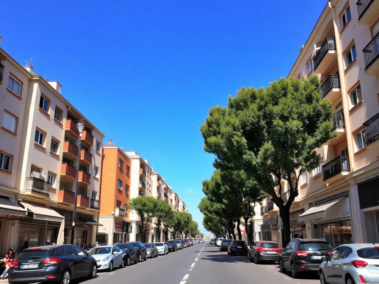 Avenida residencial arbolada en Cruz de Humilladero, Málaga, con bloques de pisos y comercios a pie de calle bajo un cielo despejado