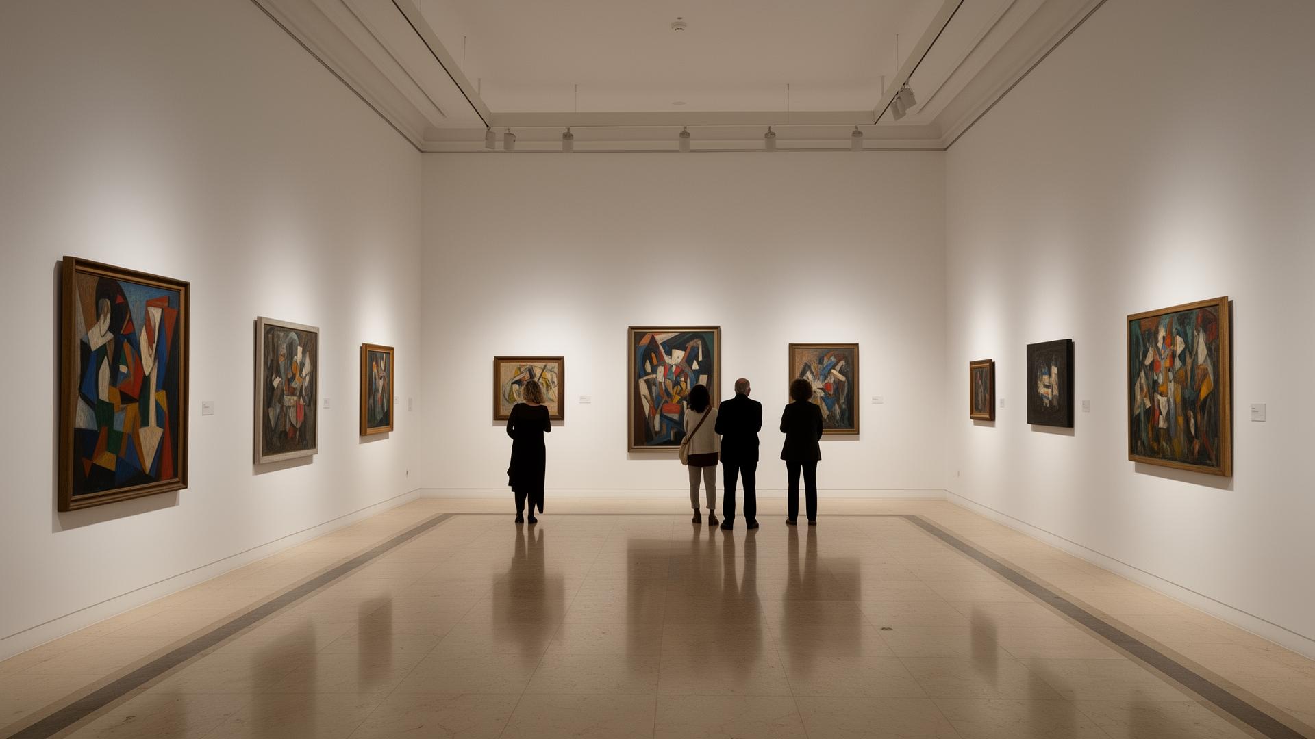 Sala luminosa de un museo en Málaga con pinturas de estilo cubista en paredes blancas y algunos visitantes contemplando las obras